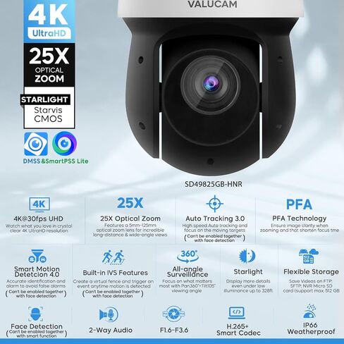 كاميرا الوجه الخارجية 4K@30fps PoE IP عالية السرعة PTZ - زووم بصري 25X، F1.6-F3.6، مستشعر Starvis 1/2.8 بوصة، رؤية ليلية ملونة 0.005Lux، تتبع PFA التلقائي، اكتشاف IVS، IP66، فتحة 512 جيجابايت in Kuwait