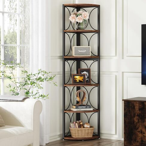 Tribesigns 67 inch Tall Corner Shelf, 6 Tier Rustic Corner Bookshelf Bookcase Storage Rack Standing Shelving Unit for Living Room, Small Space in Saudi Arabia