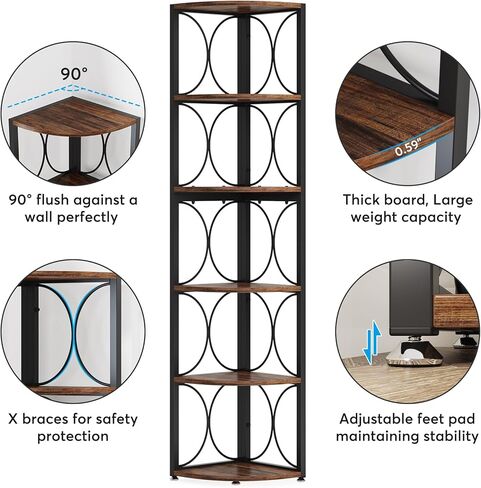 Tribesigns 67 inch Tall Corner Shelf, 6 Tier Rustic Corner Bookshelf Bookcase Storage Rack Standing Shelving Unit for Living Room, Small Space in Saudi Arabia