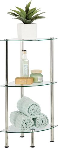 mDesign Modern Glass Corner 3-Tier Storage Organizer Tower Cabinet with Open Shelves - Household Furniture for Bathroom, Office, Bedroom, Living Room - Holds Books, Plants, Candles - Chrome/Clear in Saudi Arabia