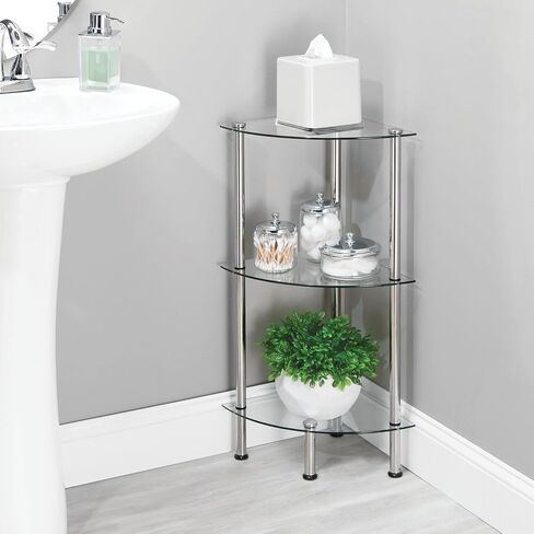 mDesign Modern Glass Corner 3-Tier Storage Organizer Tower Cabinet with Open Shelves - Household Furniture for Bathroom, Office, Bedroom, Living Room - Holds Books, Plants, Candles - Chrome/Clear in Saudi Arabia
