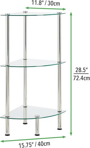 mDesign Modern Glass Corner 3-Tier Storage Organizer Tower Cabinet with Open Shelves - Household Furniture for Bathroom, Office, Bedroom, Living Room - Holds Books, Plants, Candles - Chrome/Clear in Saudi Arabia
