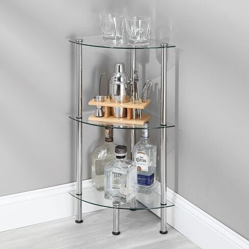 mDesign Modern Glass Corner 3-Tier Storage Organizer Tower Cabinet with Open Shelves - Household Furniture for Bathroom, Office, Bedroom, Living Room - Holds Books, Plants, Candles - Chrome/Clear in Saudi Arabia