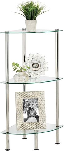 mDesign Modern Glass Corner 3-Tier Storage Organizer Tower Cabinet with Open Shelves - Household Furniture for Bathroom, Office, Bedroom, Living Room - Holds Books, Plants, Candles - Chrome/Clear in Saudi Arabia