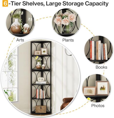 Tribesigns 67 inch Tall Corner Shelf, 6 Tier Rustic Corner Bookshelf Bookcase Storage Rack Standing Shelving Unit for Living Room, Small Space in Saudi Arabia