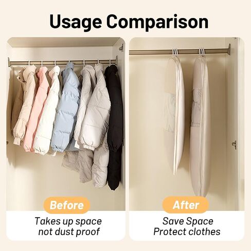 Space Saving Closet Organizer Hanging Garment Bag for Clothes Coats and Down Jackets with Self Compression Zipper, Beige, L in Saudi Arabia