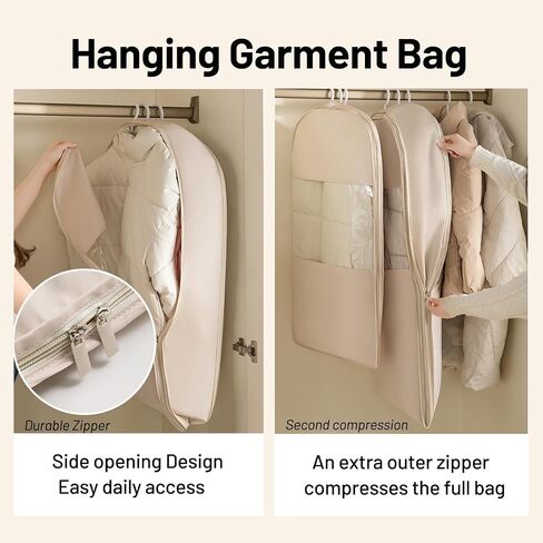 Space Saving Closet Organizer Hanging Garment Bag for Clothes Coats and Down Jackets with Self Compression Zipper, Beige, L in Saudi Arabia