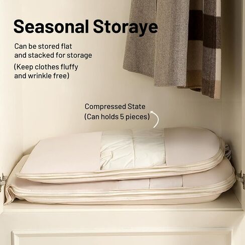 Space Saving Closet Organizer Hanging Garment Bag for Clothes Coats and Down Jackets with Self Compression Zipper, Beige, L in Saudi Arabia