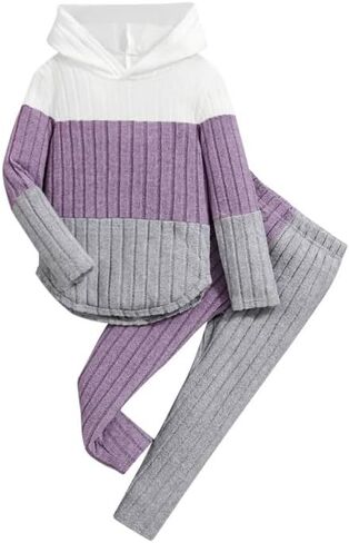 Toddler Kid Girls Clothes Ribbed Color Block Long Sleeve Hoodie Sweatsuit Set Fall Outfits in Kuwait