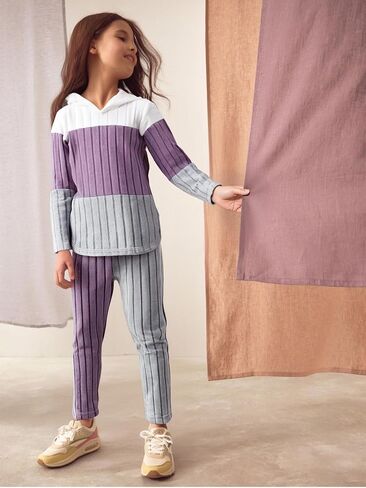 Toddler Kid Girls Clothes Ribbed Color Block Long Sleeve Hoodie Sweatsuit Set Fall Outfits in Kuwait