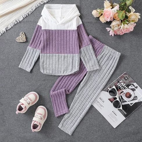 Toddler Kid Girls Clothes Ribbed Color Block Long Sleeve Hoodie Sweatsuit Set Fall Outfits in Kuwait