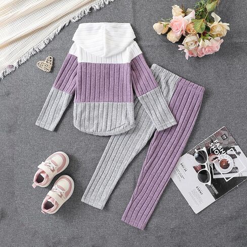 Toddler Kid Girls Clothes Ribbed Color Block Long Sleeve Hoodie Sweatsuit Set Fall Outfits in Kuwait