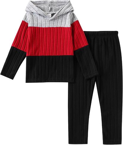 Toddler Kid Girls Clothes Ribbed Color Block Long Sleeve Hoodie Sweatsuit Set Fall Outfits in Kuwait