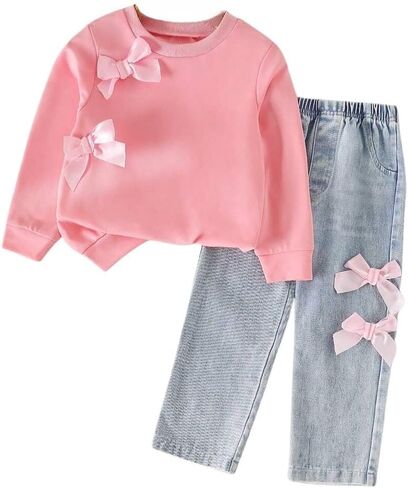 Kids Toddler Girl Long Sleeve Bow Sweatshirt & Denim Straight Leg Jeans Pants Fall Winter Outfits Set in Kuwait