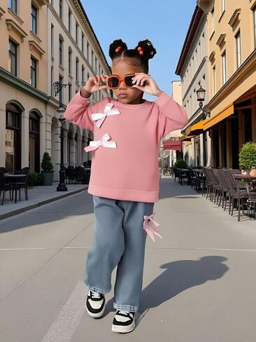 Kids Toddler Girl Long Sleeve Bow Sweatshirt & Denim Straight Leg Jeans Pants Fall Winter Outfits Set in Kuwait
