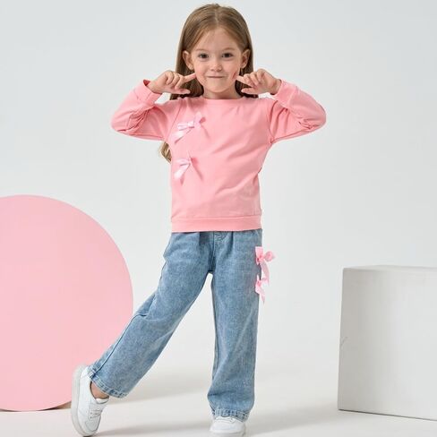 Kids Toddler Girl Long Sleeve Bow Sweatshirt & Denim Straight Leg Jeans Pants Fall Winter Outfits Set in Kuwait