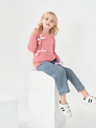 Kids Toddler Girl Long Sleeve Bow Sweatshirt & Denim Straight Leg Jeans Pants Fall Winter Outfits Set in Kuwait