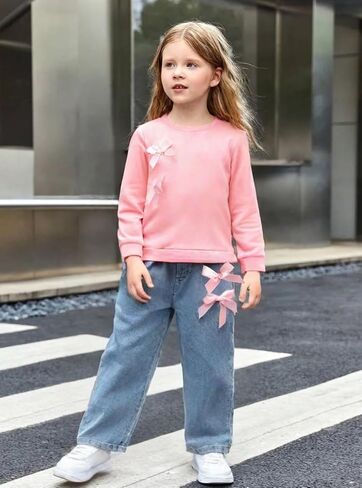 Kids Toddler Girl Long Sleeve Bow Sweatshirt & Denim Straight Leg Jeans Pants Fall Winter Outfits Set in Kuwait