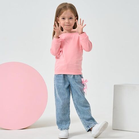 Kids Toddler Girl Long Sleeve Bow Sweatshirt & Denim Straight Leg Jeans Pants Fall Winter Outfits Set in Kuwait