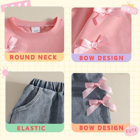 Kids Toddler Girl Long Sleeve Bow Sweatshirt & Denim Straight Leg Jeans Pants Fall Winter Outfits Set in Kuwait