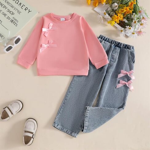 Kids Toddler Girl Long Sleeve Bow Sweatshirt & Denim Straight Leg Jeans Pants Fall Winter Outfits Set in Kuwait