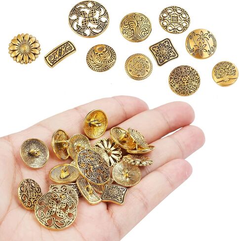 100Pcs Vintage Buttons, Random Mixed Style Metal Round Buttons, Bronze Color Flower Patterns Engraved, for DIY Crafts Sewing Decorations in Saudi Arabia