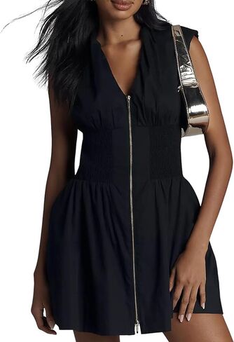 Women’s V Neck Summer Dress Cap Sleeve Zipper Mini Dress Smocked Slit Dress with Pockets in Kuwait