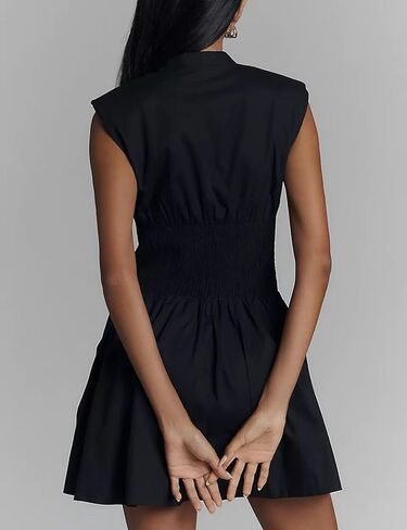 Women’s V Neck Summer Dress Cap Sleeve Zipper Mini Dress Smocked Slit Dress with Pockets in Kuwait