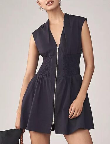 Women’s V Neck Summer Dress Cap Sleeve Zipper Mini Dress Smocked Slit Dress with Pockets in Kuwait