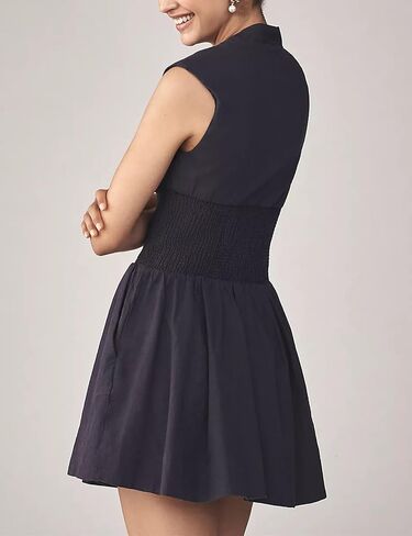 Women’s V Neck Summer Dress Cap Sleeve Zipper Mini Dress Smocked Slit Dress with Pockets in Kuwait