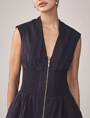 Women’s V Neck Summer Dress Cap Sleeve Zipper Mini Dress Smocked Slit Dress with Pockets in Kuwait