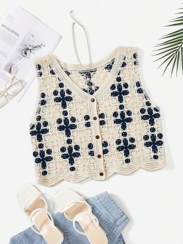 Verdusa Women's Button Front Vest V Neck Sleeveless Knit Crochet Sweater Vest in Saudi Arabia