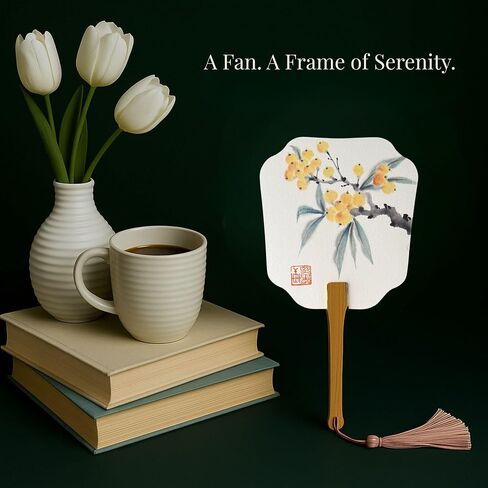 ifist Hand-Painted Fan – Signed & Numbered – Yellow Fruit Branch & “Peace" Calligraphy – One-of-a-Kind Zen-Inspired Art Gift in Saudi Arabia