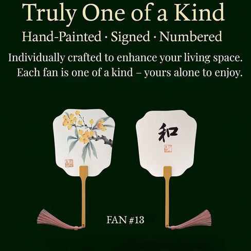 ifist Hand-Painted Fan – Signed & Numbered – Yellow Fruit Branch & “Peace" Calligraphy – One-of-a-Kind Zen-Inspired Art Gift in Saudi Arabia