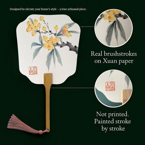 ifist Hand-Painted Fan – Signed & Numbered – Yellow Fruit Branch & “Peace" Calligraphy – One-of-a-Kind Zen-Inspired Art Gift in Saudi Arabia