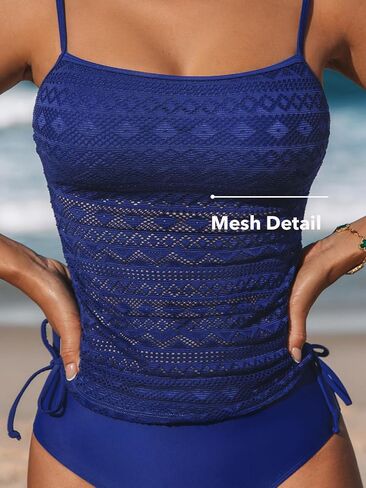 CUPSHE Women's Tankini Sets Two Piece Swimsuit Square Neck Mesh Bathing Suit Adjustable Spaghetti Straps Drawstring in Saudi Arabia