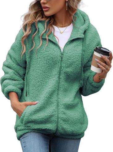 سترة صوف نسائية خريف وشتاء معطف شيربا بسحاب كامل مع غطاء رأس S-5XL in Kuwait