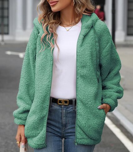 سترة صوف نسائية خريف وشتاء معطف شيربا بسحاب كامل مع غطاء رأس S-5XL in Kuwait