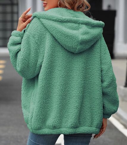 سترة صوف نسائية خريف وشتاء معطف شيربا بسحاب كامل مع غطاء رأس S-5XL in Kuwait