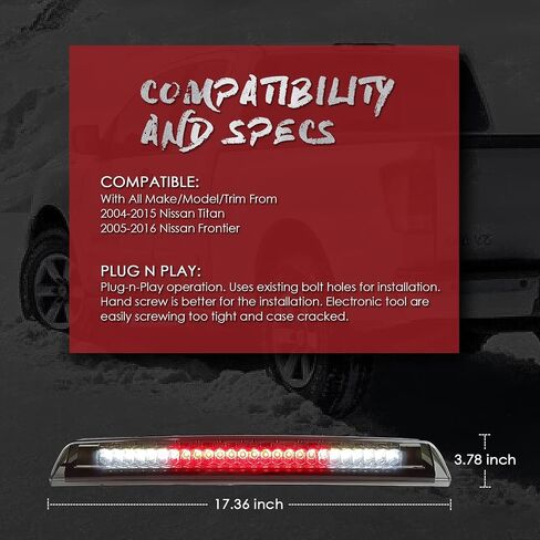 High Mount 3rd Stop Light Compatible with 2004-2015 Nissan Titan, 2005-2016 Nissan Frontier Third Center Cargo Reverse Rear LED Brake Light Bar Taillight (Black Smoke) in Kuwait