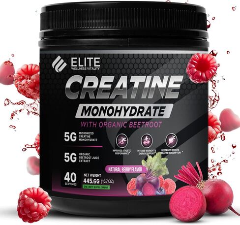 Elite Wellness Berry Flavor Creatine Monohydrate with Organic Beetroot Supplement - Supports Muscle Strength, Stamina, Cognitive Function & Athletic Performance, Gluten & Dairy Free, NSF Qualified in Saudi Arabia