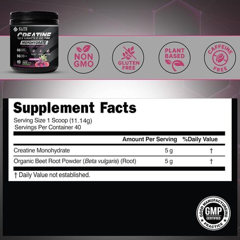 Elite Wellness Berry Flavor Creatine Monohydrate with Organic Beetroot Supplement - Supports Muscle Strength, Stamina, Cognitive Function & Athletic Performance, Gluten & Dairy Free, NSF Qualified in Saudi Arabia