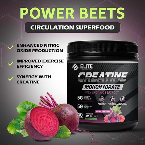 Elite Wellness Berry Flavor Creatine Monohydrate with Organic Beetroot Supplement - Supports Muscle Strength, Stamina, Cognitive Function & Athletic Performance, Gluten & Dairy Free, NSF Qualified in Saudi Arabia