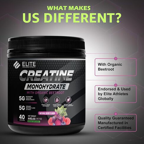 Elite Wellness Berry Flavor Creatine Monohydrate with Organic Beetroot Supplement - Supports Muscle Strength, Stamina, Cognitive Function & Athletic Performance, Gluten & Dairy Free, NSF Qualified in Saudi Arabia