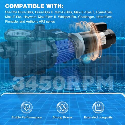 B2853 Pool Pump Motor,1HP | 115/230V | 56Y Frame | 3450 RPM | 6.5/13.0 Max Amps,Compatible with Sta-Rite,Hydro-Tech,Premier,Aquaflo,Red Jacket,Sears,Pac Fab and AO Smith Century Pumps in Saudi Arabia