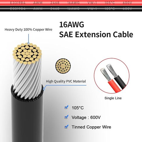 كابل موصل SAE ، 16AWG 1FT 2 PIN SAE موصل سريع قطع الاتصال لدراجة نارية للسيارة لوحة الطاقة الشمسية (2 حزمة) in Kuwait