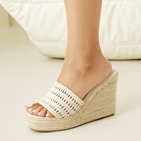 MASIKA women's sandals, comfortable wedge-shaped platform shoes, woven surface high heels, summer beach slippers. in Kuwait