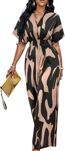 Women's Printed V-Neck Jumpsuit Color Block Short Sleeve High Elastic Waist Wide Leg Casual Rompers in Kuwait