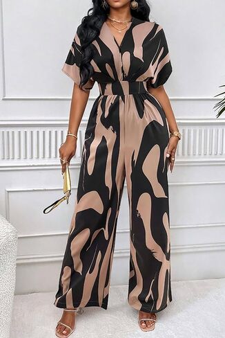 Women's Printed V-Neck Jumpsuit Color Block Short Sleeve High Elastic Waist Wide Leg Casual Rompers in Kuwait