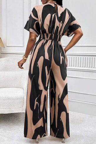 Women's Printed V-Neck Jumpsuit Color Block Short Sleeve High Elastic Waist Wide Leg Casual Rompers in Kuwait